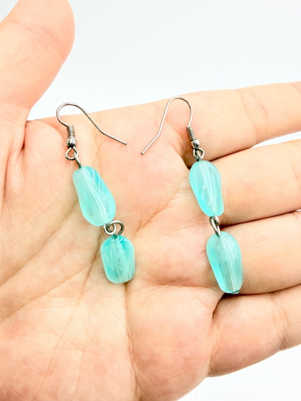 Vintage Aqua Blue Glass Bead Dangle Earrings – Double Drop Hook Style
